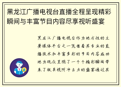 黑龙江广播电视台直播全程呈现精彩瞬间与丰富节目内容尽享视听盛宴