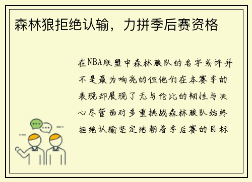 森林狼拒绝认输，力拼季后赛资格